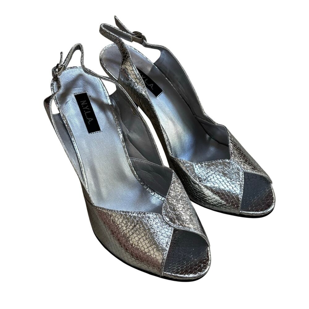 N.Y.L.A. 'Eiffel' silver metallic slingbacks high heels peep toes 8.5B shoes